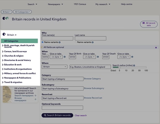 Screenshot of the categories search in The Social History Archive