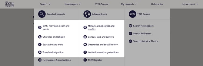 The main categories in the navigation bar at The Social History Archive
