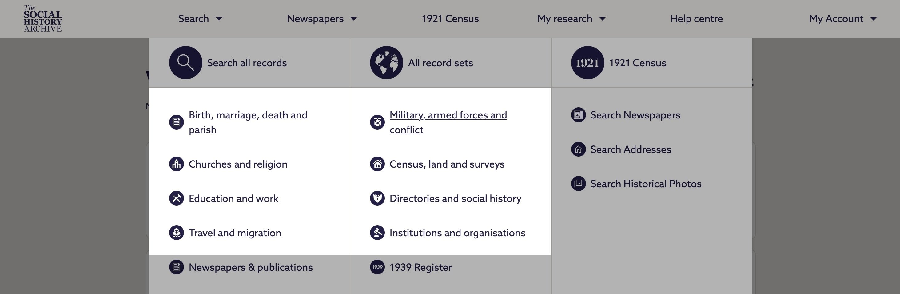 Screenshot of the main categories in the navigation bar at The Social History Archive