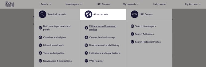 Screenshot of the main navigation menu on The Social History Archive