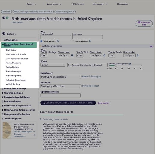 Screenshot of the subcategories available in The Social History Archive