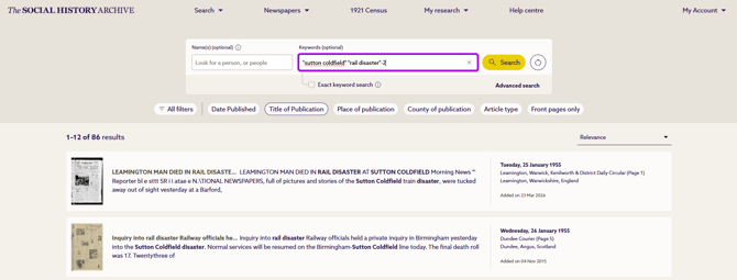 Results for a search showing search terms in the article title.
