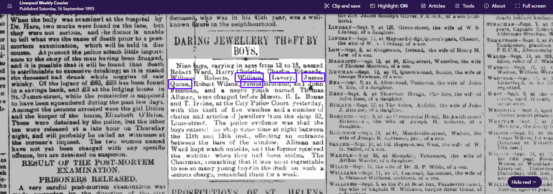 A newspaper passage with searched words appearing in blue boxes