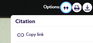 The toolbar of the Records viewer in The Social History Archive. The leftmost option, a circle with quotation marks, is highlighted by a blue ring. A small window has opened underneath, showing the option to copy a link.